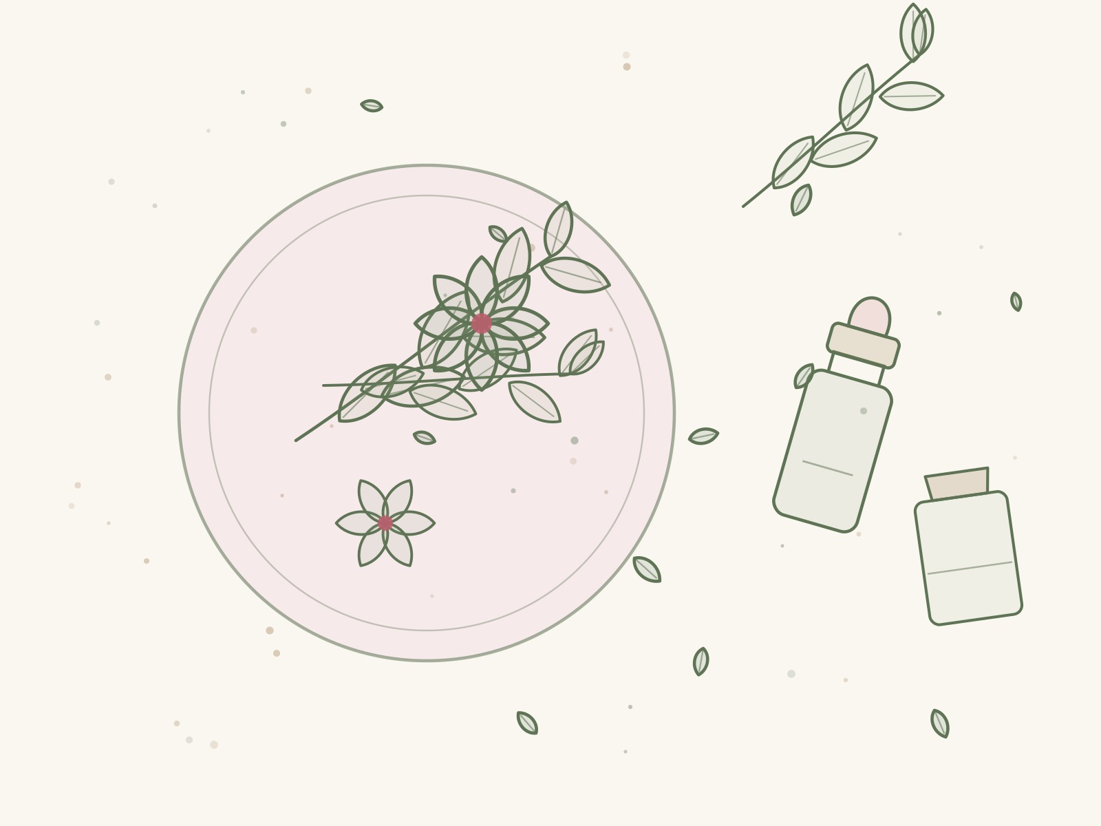 Overhead illustration of a dish with sprigs, a dropper bottle and a cork jar