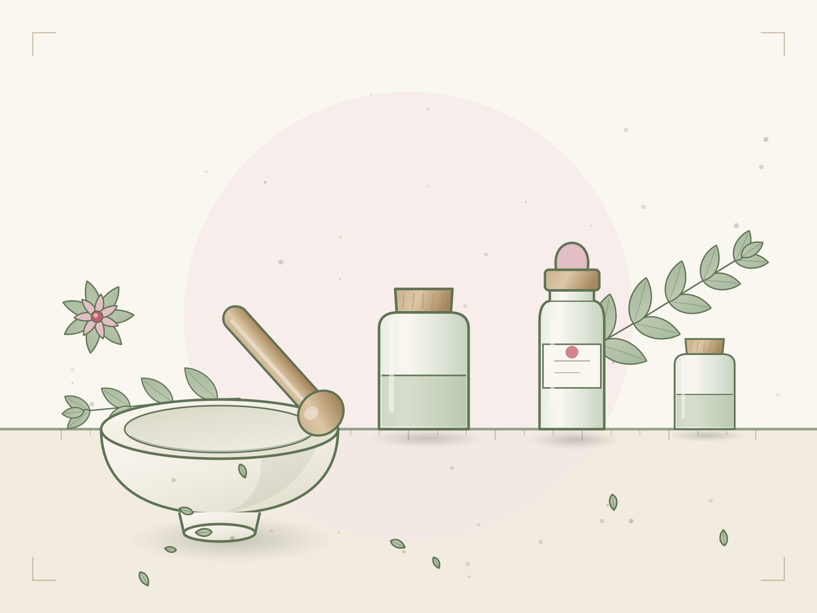 Illustration of a mortar, a jar and a dropper bottle
